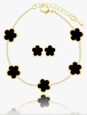 Black & Gold Clover 18k Gold Plated Bracelet And Pushback Earrings Set